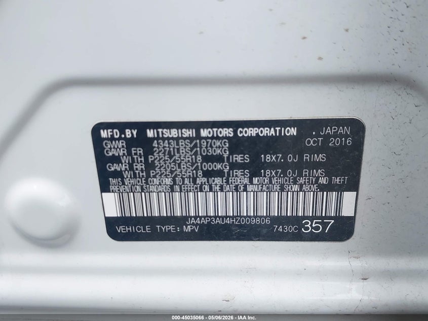 2017 Mitsubishi Outlander VIN JA4AP3AU4HZ009806 IAAI salvage auction — LEFT REAR, Clear (Indiana), sold $3,200 on 2026-07-08 (photo 9)