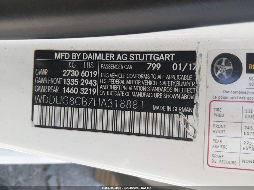 2017 Mercedes-benz S-klasse VIN WDDUG8CB7HA318881 IAAI salvage auction — FRONT END, Salvage (Louisiana), sold $5,400 on 2026-08-07 (photo 9)