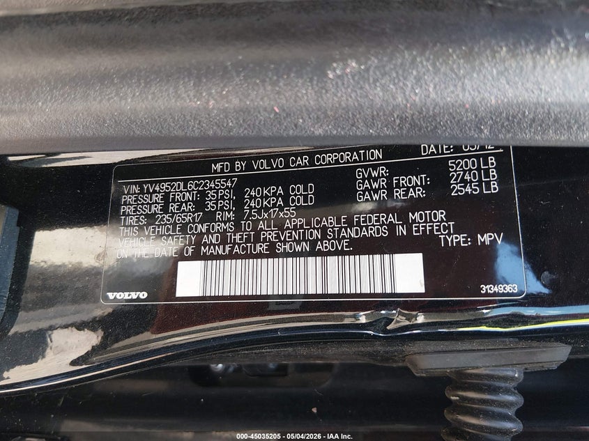 2012 Volvo Xc60 VIN YV4952DL6C2345547 IAAI salvage auction — NORMAL WEAR, Salvage Title, sold $350 on 2026-07-23 (photo 9)