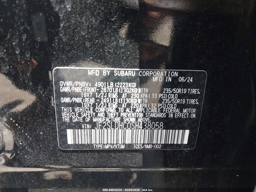 2025 Subaru Forester VIN JF2SLDHC0SH438058 IAAI salvage auction — REAR END, Salvage Title, sold $7,300 on 2026-08-24 (photo 9)