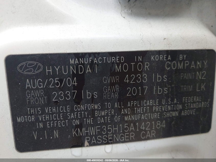 2005 Hyundai Sonata VIN KMHWF35H15A142184 IAAI salvage auction — FRONT END, Salvage (Illinois), sold $150 on 2026-07-07 (photo 9)