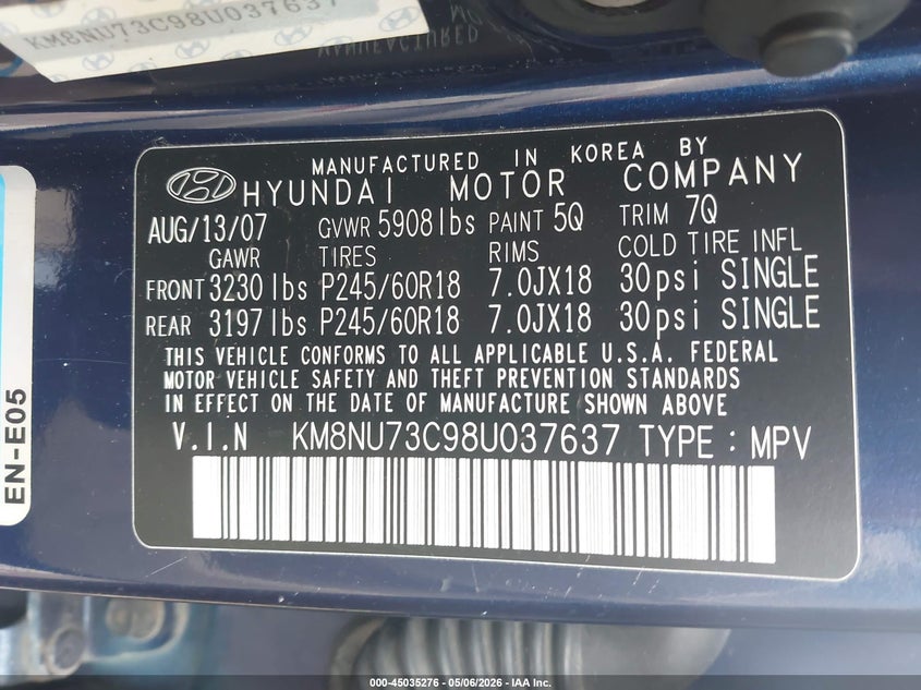 2008 Hyundai Veracruz VIN KM8NU73C98U037637 IAAI salvage auction — REAR END, Salvage (Ohio), sold $400 on 2026-07-28 (photo 9)