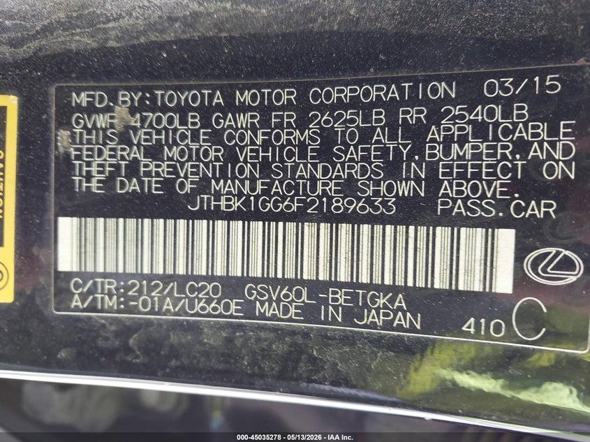 2015 Lexus ES VIN JTHBK1GG6F2189633 IAAI salvage auction — HAIL, Clear (Wisconsin), sold $2,700 on 2026-07-15 (photo 9)