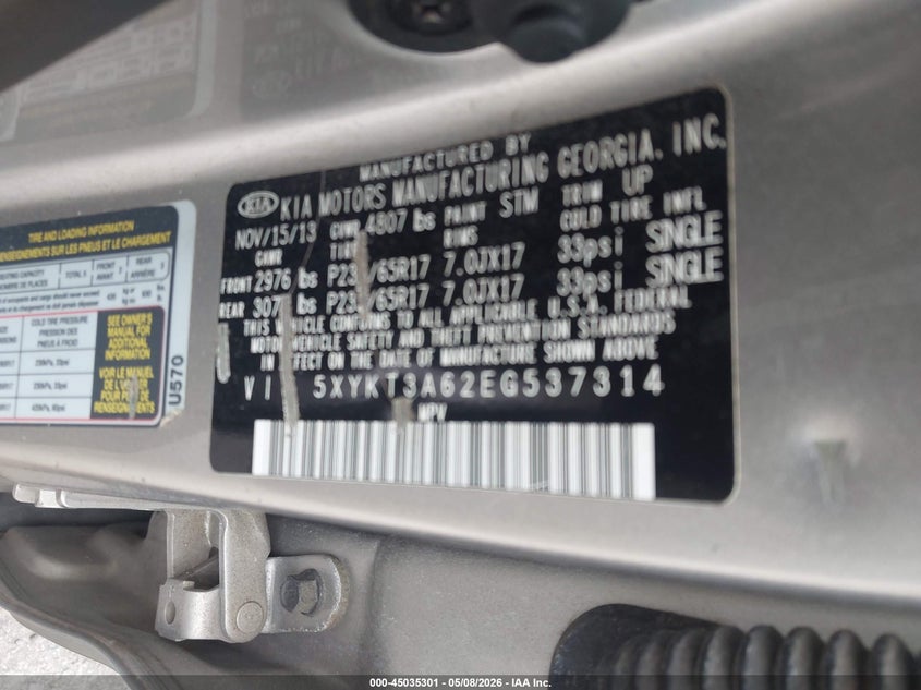 2014 Kia Sorento VIN 5XYKT3A62EG537314 IAAI salvage auction — RIGHT SIDE, Salvage (Georgia), sold $1,050 on 2026-07-08 (photo 9)