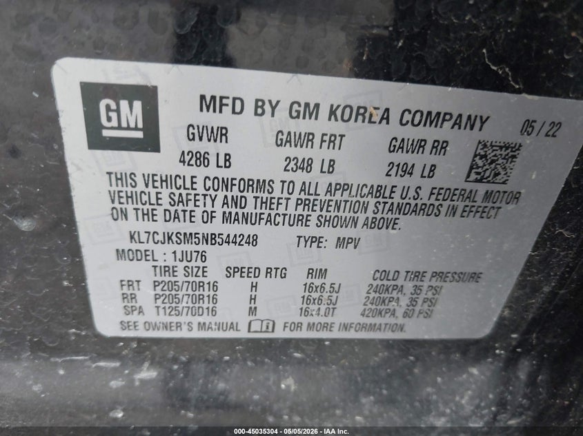 2022 Chevrolet Trax VIN KL7CJKSM5NB544248 IAAI salvage auction — FRONT END, Certificate Of Destruction (Florida), sold $1,000 on 2026-07-07 (photo 9)