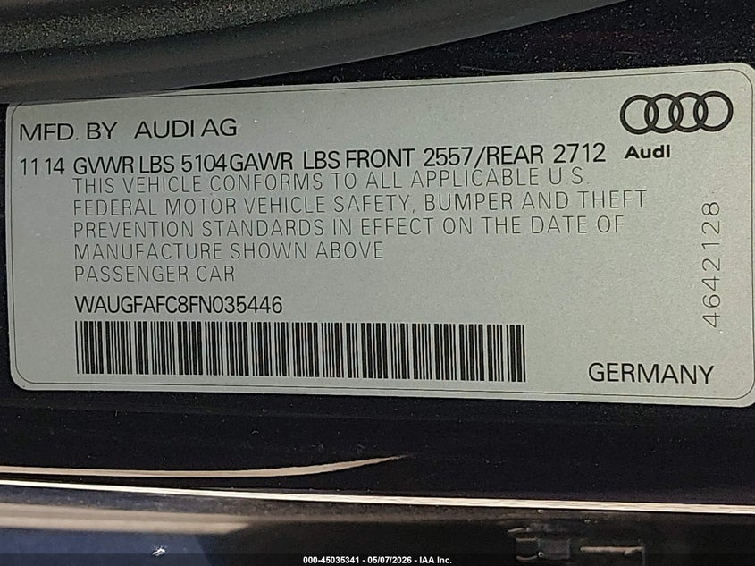 2015 Audi A6 VIN WAUGFAFC8FN035446 IAAI salvage auction — SIDE, Salvage (Kentucky), sold $2,550 on 2026-07-06 (photo 9)