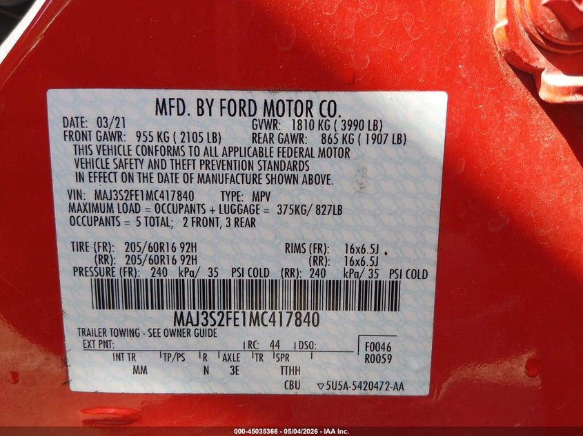 2021 Ford Ecosport VIN MAJ3S2FE1MC417840 IAAI salvage auction — LEFT REAR, Salvage (Tennessee), sold $2,400 on 2026-07-16 (photo 9)