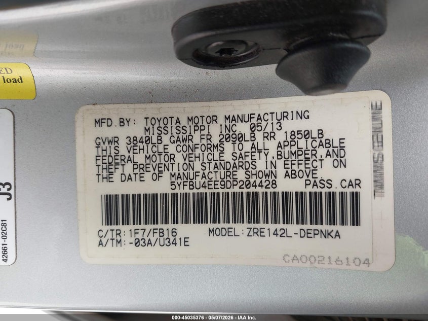 2013 Toyota Corolla VIN 5YFBU4EE9DP204428 IAAI salvage auction — LEFT FRONT, Original (Texas), sold $3,950 on 2026-07-09 (photo 9)