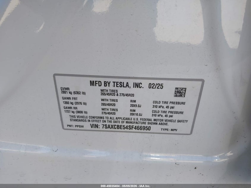 2025 Tesla Model x VIN 7SAXCBE54SF466950 IAAI salvage auction — REAR END, Salvage (Georgia), sold $24,025 on 2026-07-16 (photo 9)