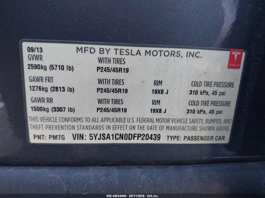 2013 Tesla Model s VIN 5YJSA1CN0DFP20439 IAAI salvage auction — LEFT REAR, Salvage (California), sold $2,600 on 2026-07-13 (photo 9)