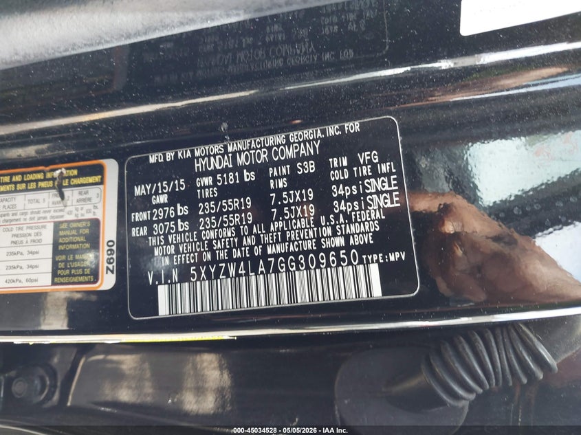 2016 Hyundai Santa fe VIN 5XYZW4LA7GG309650 IAAI salvage auction — RIGHT SIDE, Salvage (Georgia), sold $3,350 on 2026-07-08 (photo 9)