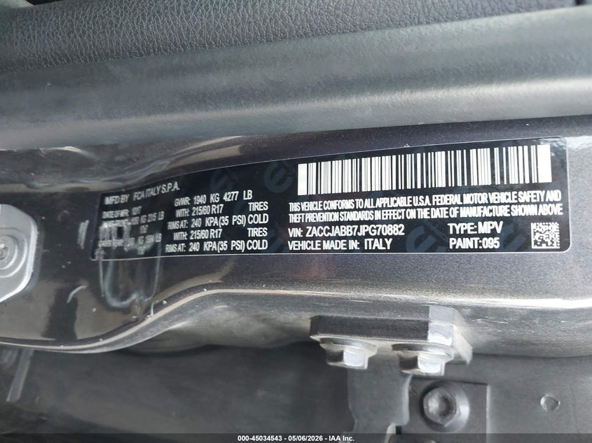 2018 Jeep Renegade VIN ZACCJABB7JPG70882 IAAI salvage auction — FRONT END, Salvage (Texas), sold $650 on 2026-07-28 (photo 9)