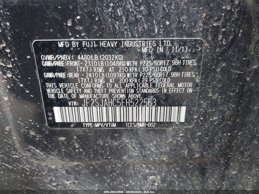 2014 Subaru Forester VIN JF2SJAHC5EH522563 IAAI salvage auction — UNKNOWN, Salvage (New Hampshire), sold $600 on 2026-07-08 (photo 9)