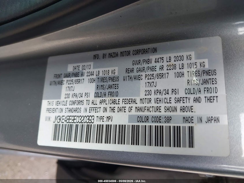 2014 Mazda Cx-5 VIN JM3KE4BE9E0320393 IAAI salvage auction — FRONT END, Salvage (Massachusetts), sold $400 on 2026-07-17 (photo 9)