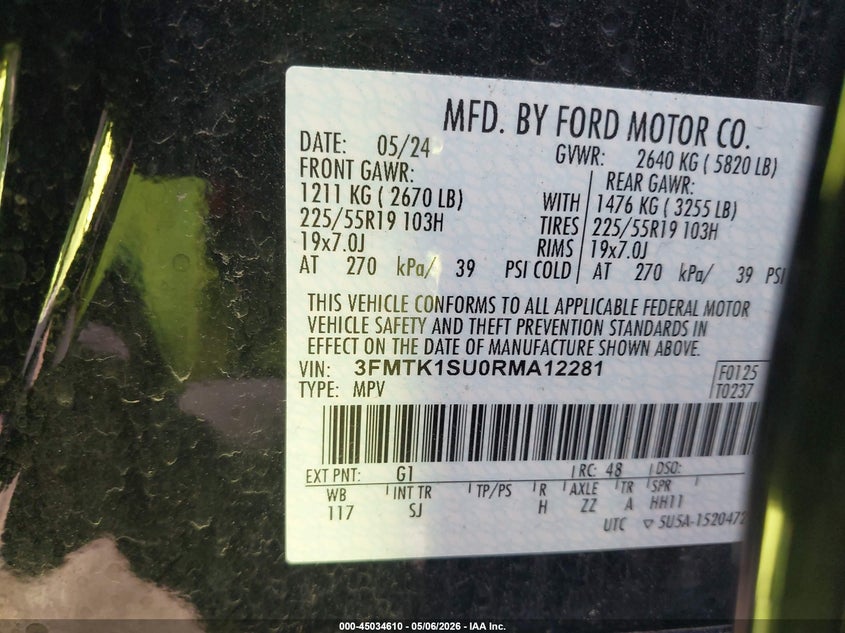 2024 Ford Mustang mach-e VIN 3FMTK1SU0RMA12281 IAAI salvage auction — LEFT FRONT, Salvage (Michigan), sold $8,800 on 2026-07-23 (photo 9)