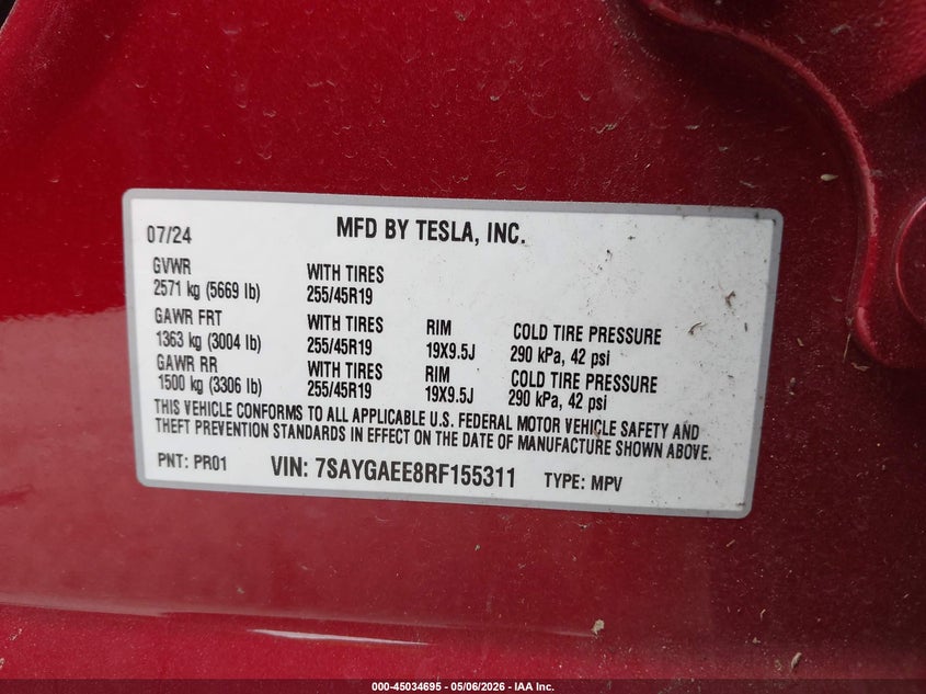 2024 Tesla Model y VIN 7SAYGAEE8RF155311 IAAI salvage auction — FRONT & REAR, Original (Texas), sold $14,400 on 2026-07-09 (photo 9)