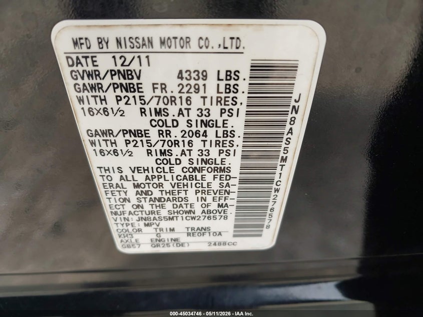 2012 Nissan Rogue VIN JN8AS5MT1CW276578 IAAI salvage auction — RIGHT SIDE, Rebuildable (Florida), sold $250 on 2026-07-15 (photo 9)