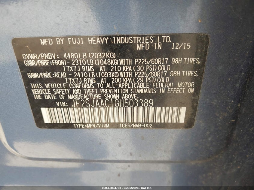 2016 Subaru Forester VIN JF2SJAAC1GH503389 IAAI salvage auction — FRONT END, Salvage (Georgia), sold $875 on 2026-07-09 (photo 9)