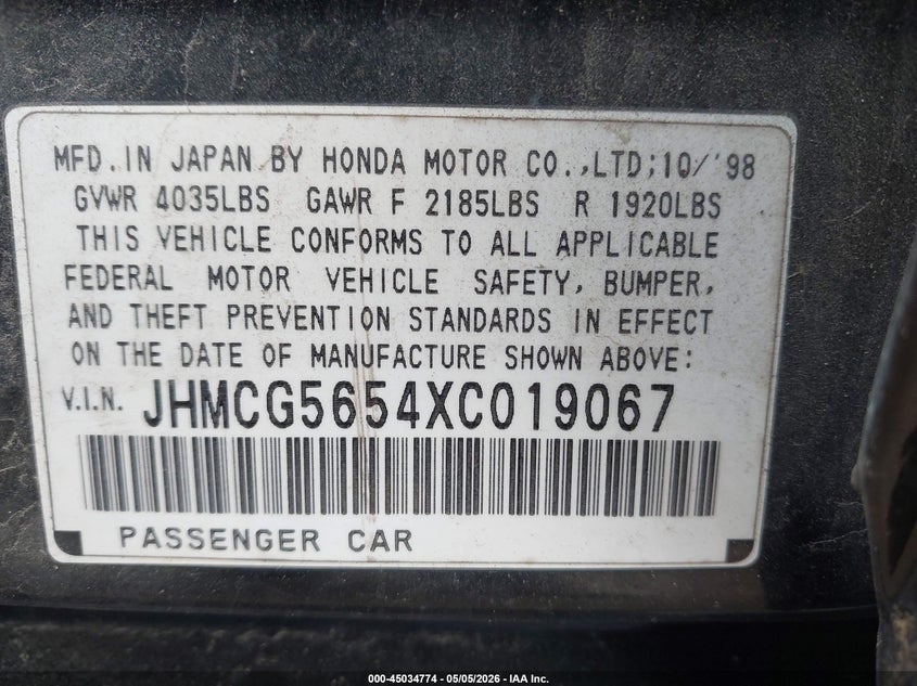 1999 Honda Accord VIN JHMCG5654XC019067 IAAI salvage auction — REAR END, Salvage (Iowa), sold $350 on 2026-07-06 (photo 9)