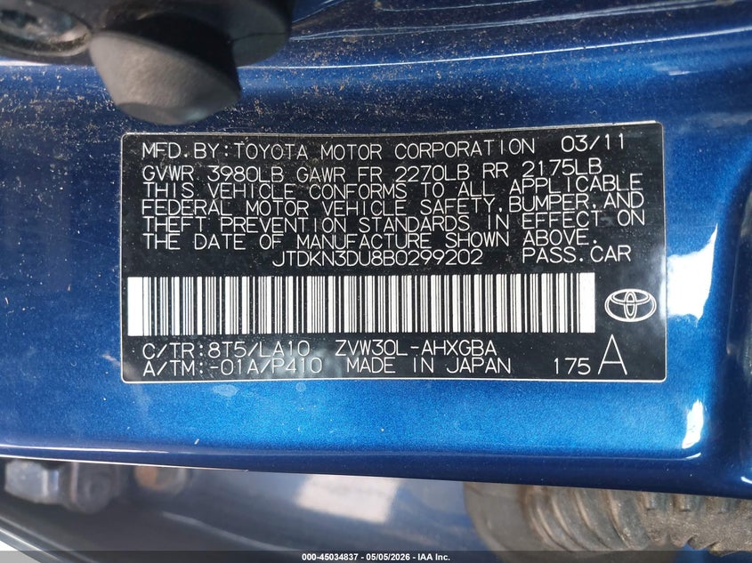 2011 Toyota Prius VIN JTDKN3DU8B0299202 IAAI salvage auction — NORMAL WEAR, Clear (Montana), sold $25 on 2026-07-29 (photo 9)