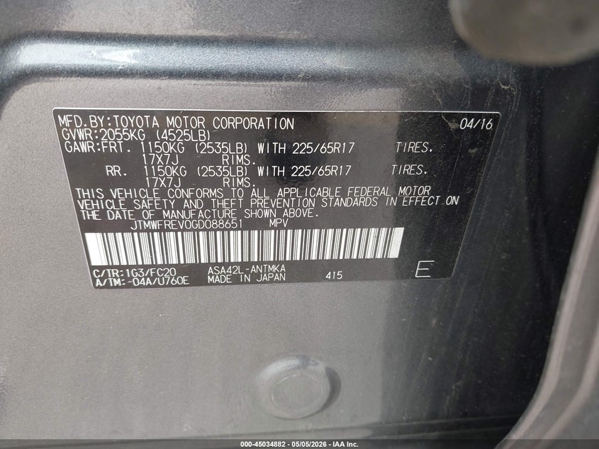 2016 Toyota Rav 4 VIN JTMWFREV0GD088651 IAAI salvage auction — FRONT END, Original (Texas), sold $6,000 on 2026-07-08 (photo 9)