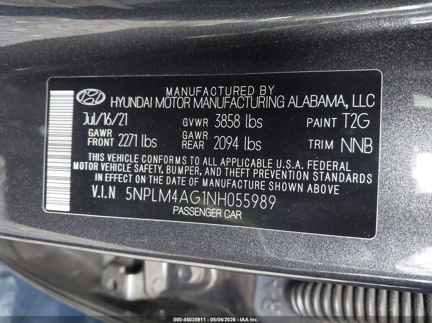 2022 Hyundai Elantra VIN 5NPLM4AG1NH055989 IAAI salvage auction — FRONT END, Salvage (Virginia), sold $3,550 on 2026-07-07 (photo 9)