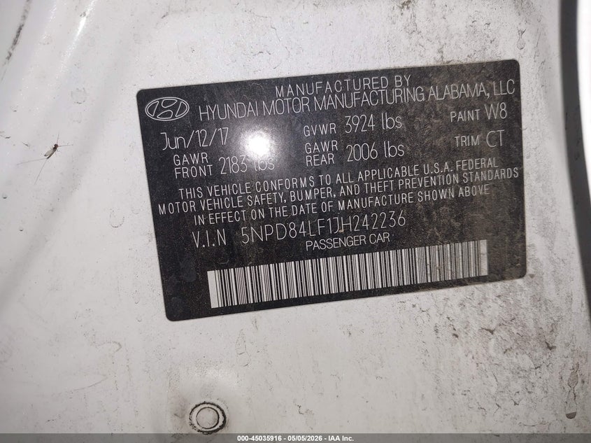 2018 Hyundai Elantra VIN 5NPD84LF1JH242236 IAAI salvage auction — REAR END, Salvage (Arizona), sold $3,250 on 2026-08-03 (photo 9)
