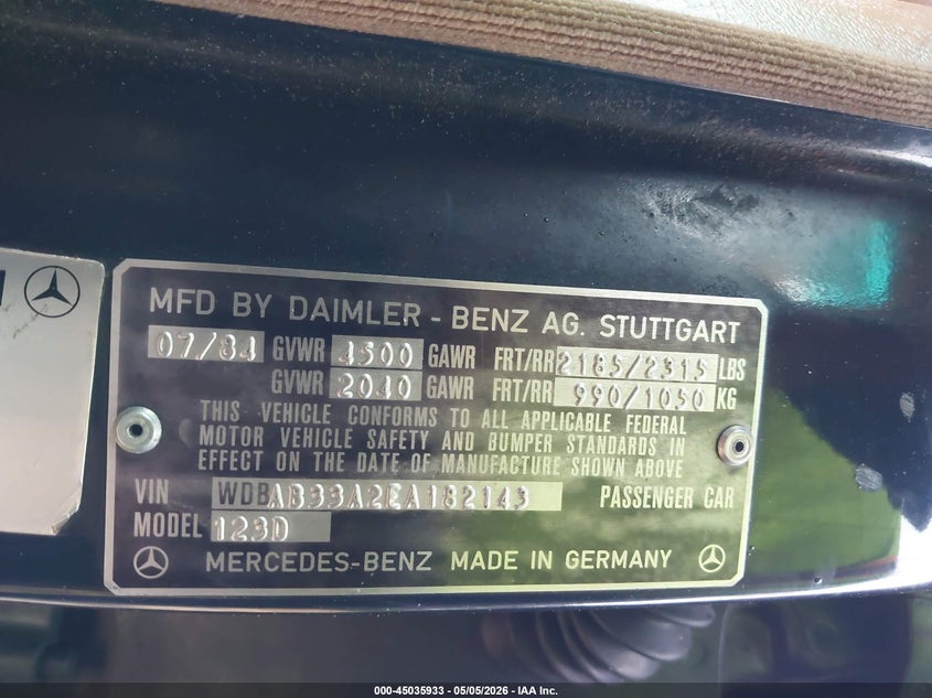 1984 Mercedes-benz 300 VIN WDBAB33A2EA182143 IAAI salvage auction — LEFT FRONT, Clear (Indiana), sold $925 on 2026-07-09 (photo 9)