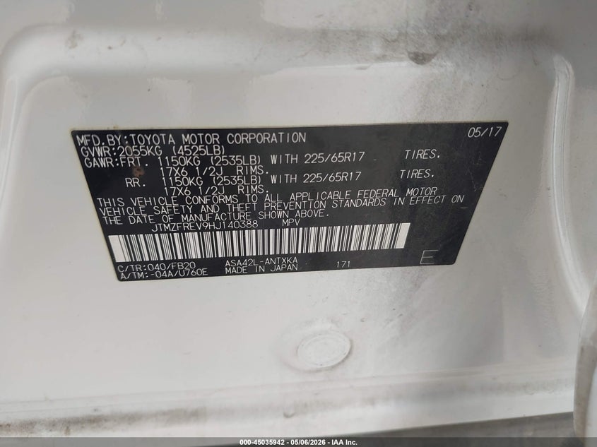 2017 Toyota Rav 4 VIN JTMZFREV9HJ140388 IAAI salvage auction — REAR END, Original (Texas), sold $6,000 on 2026-07-08 (photo 9)