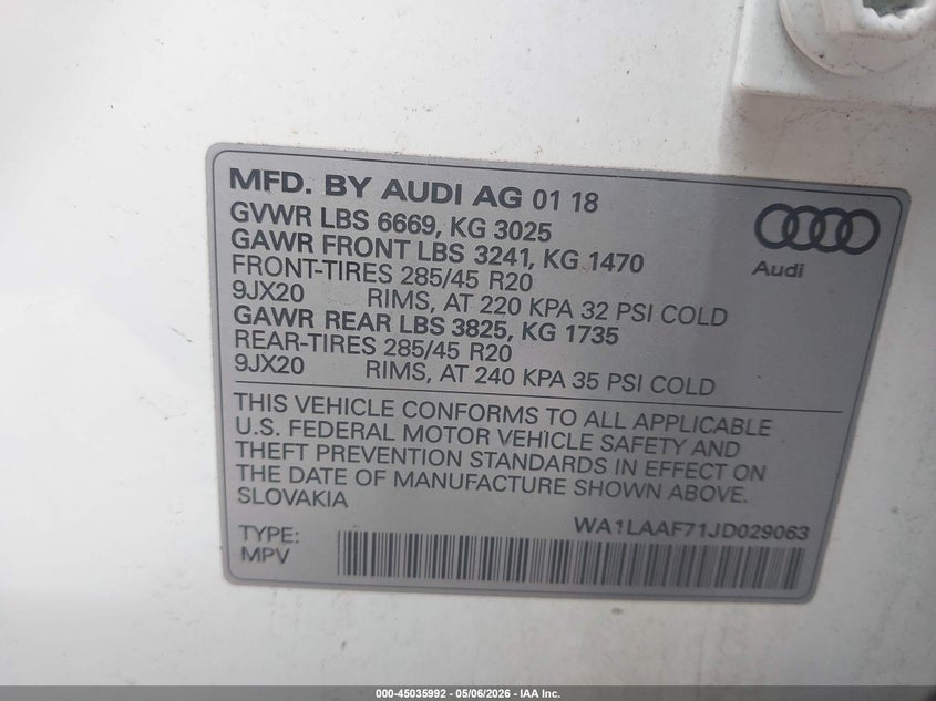 2018 Audi Q7 VIN WA1LAAF71JD029063 IAAI salvage auction — REAR END, Salvage (Massachusetts), sold $6,650 on 2026-07-21 (photo 9)