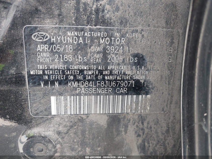 2018 Hyundai Elantra VIN KMHD84LF8JU679071 IAAI salvage auction — FRONT END, Salvage Title, sold $475 on 2026-07-29 (photo 9)