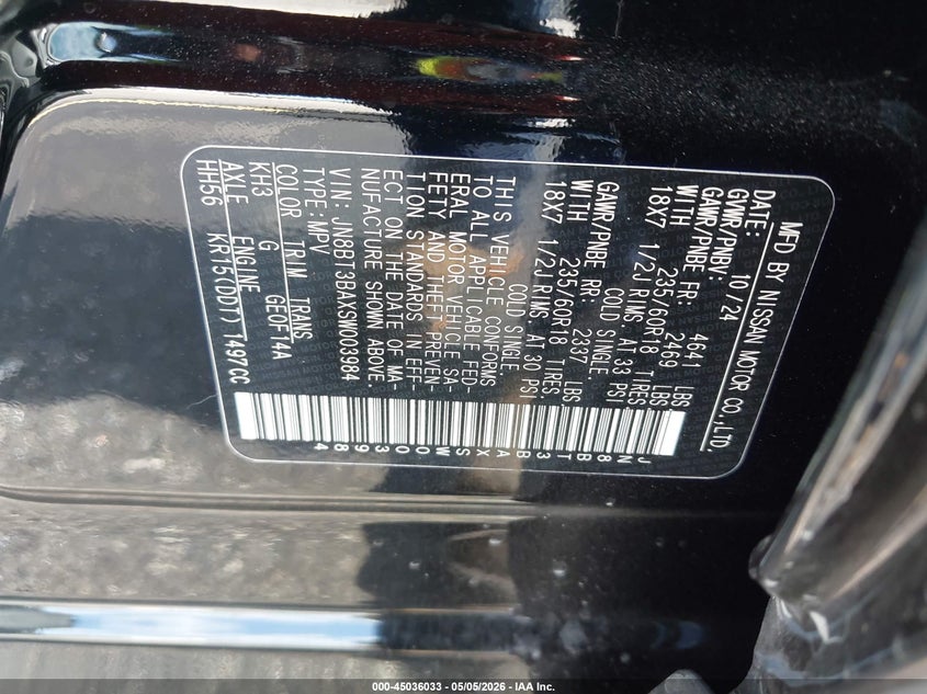 2025 Nissan Rogue VIN JN8BT3BAXSW003984 IAAI salvage auction — ROLLOVER, Certificate Of Destruction (Florida), sold $3,800 on 2026-07-16 (photo 9)