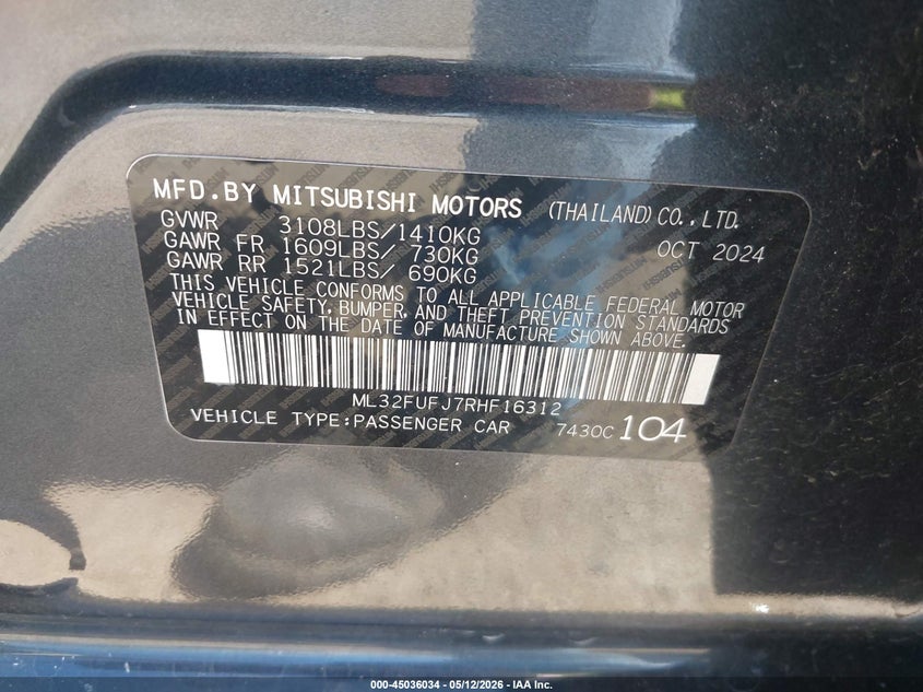 2024 Mitsubishi Mirage VIN ML32FUFJ7RHF16312 IAAI salvage auction — FRONT END, Salvage Title, sold $2,550 on 2026-07-29 (photo 9)