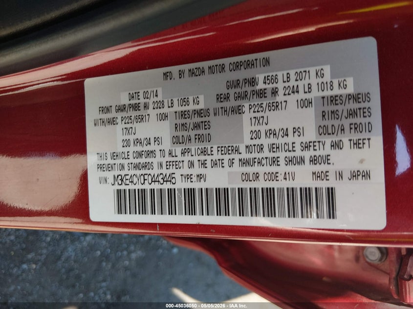 2015 Mazda Cx-5 VIN JM3KE4CY0F0443445 IAAI salvage auction — FRONT END, Salvage (New Jersey), sold $825 on 2026-07-31 (photo 9)