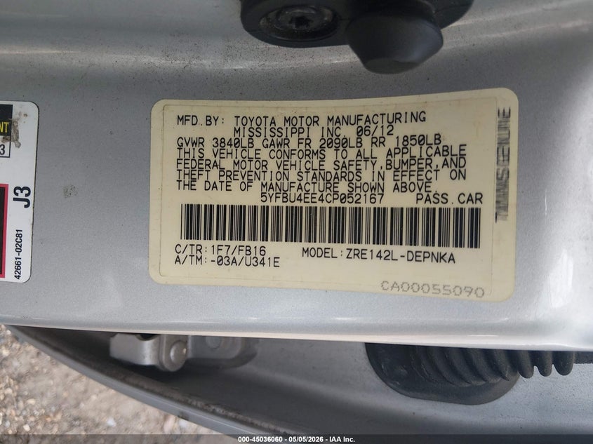 2012 Toyota Corolla VIN 5YFBU4EE4CP052167 IAAI salvage auction — REAR END, Salvage (Mississippi), sold $1,625 on 2026-07-15 (photo 9)