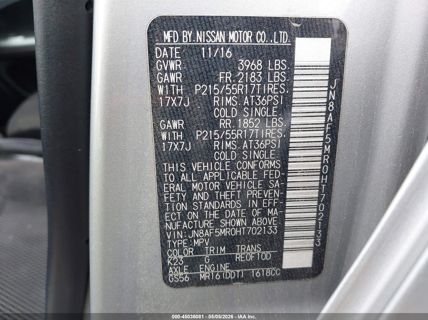 2017 Nissan Juke VIN JN8AF5MR0HT702133 IAAI salvage auction — FRONT & REAR, Original (Texas), sold $700 on 2026-07-28 (photo 9)