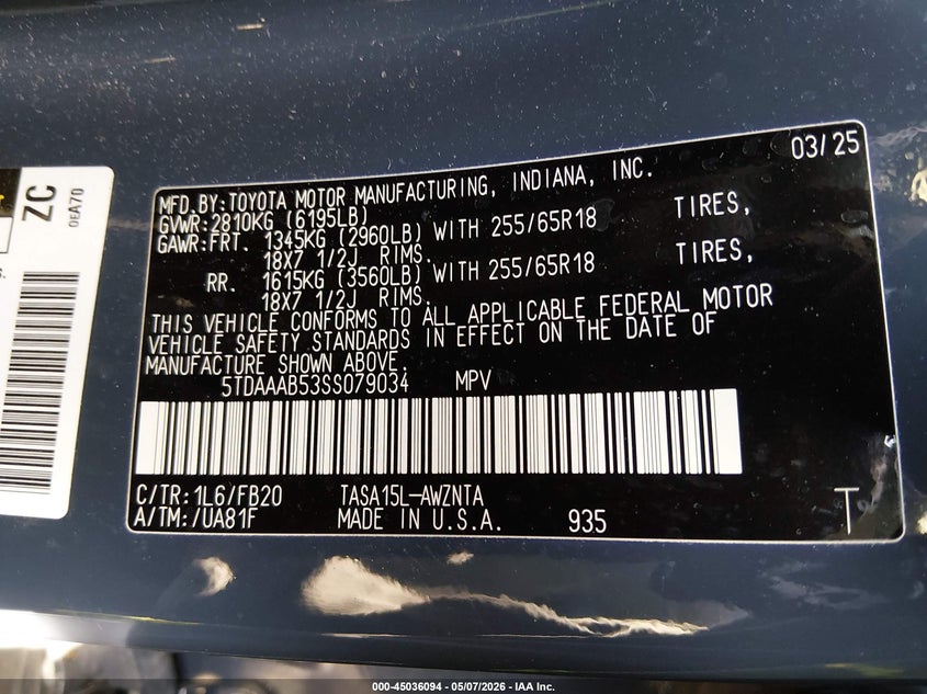 2025 Toyota Highlander VIN 5TDAAAB53SS079034 IAAI salvage auction — RIGHT FRONT, Salvage Title, sold $13,200 on 2026-07-30 (photo 9)