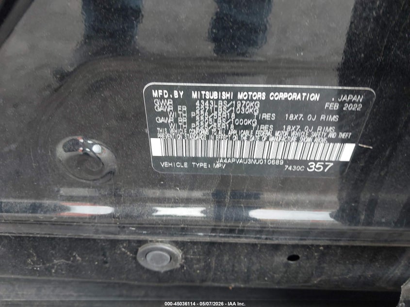 2022 Mitsubishi Outlander VIN JA4APVAU3NU010689 IAAI salvage auction — LEFT SIDE, Salvage (Tennessee), sold $4,250 on 2026-07-14 (photo 9)