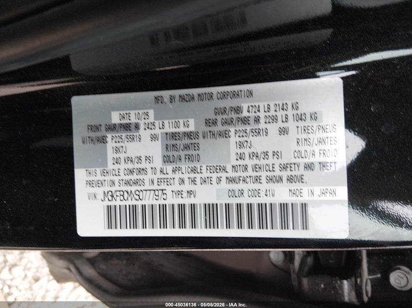 2025 Mazda Cx-5 VIN JM3KFBCMXS0777975 IAAI salvage auction — FRONT & REAR, Salvage (Missouri), sold $3,000 on 2026-07-20 (photo 9)