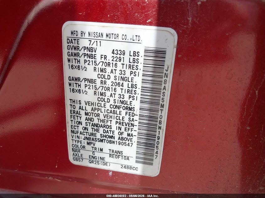 2011 Nissan Rogue VIN JN8AS5MT0BW190547 IAAI salvage auction — REAR END, Original (Texas), sold $325 on 2026-07-28 (photo 9)