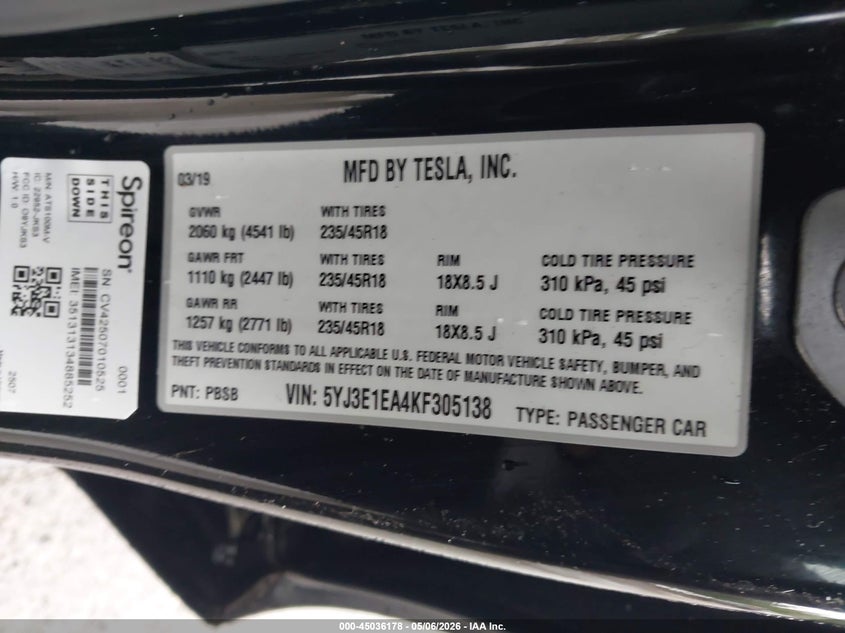 2019 Tesla Model 3 VIN 5YJ3E1EA4KF305138 IAAI salvage auction — RIGHT FRONT, Salvage - Greater Than 75% (Maryland), sold $6,825 on 2026-07-15 (photo 9)