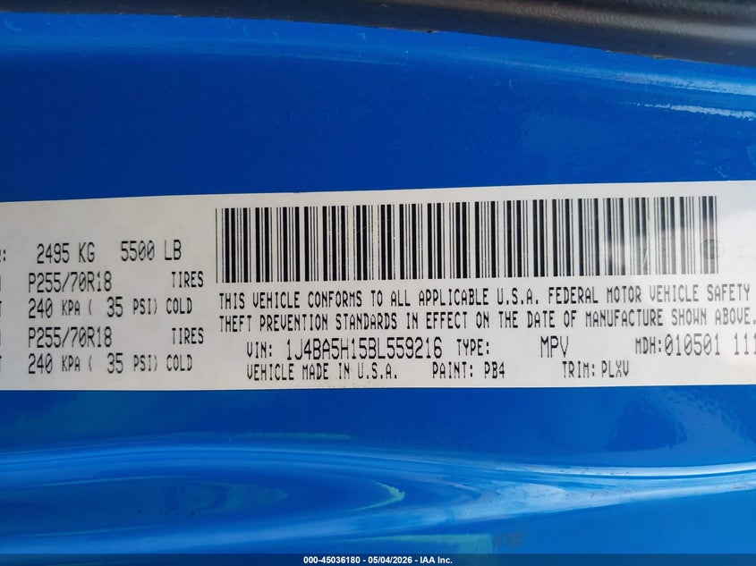 2011 Jeep Wrangler / VIN 1J4BA5H15BL559216 IAAI salvage auction — FRONT END, Original (Texas), sold $3,300 on 2026-07-22 (photo 9)