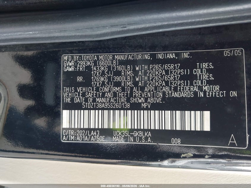 2005 Toyota Sequoia VIN 5TDZT38A95S260138 IAAI salvage auction — UNKNOWN, Original (Texas), sold $1,350 on 2026-07-09 (photo 9)
