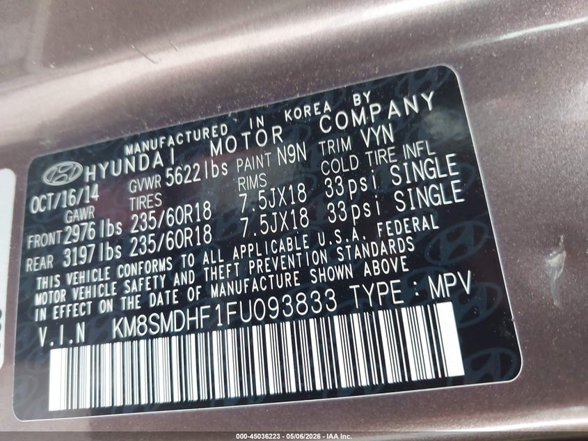 2015 Hyundai Santa fe VIN KM8SMDHF1FU093833 IAAI salvage auction — BIO HAZARD, Salvage (Texas), sold $275 on 2026-07-16 (photo 9)