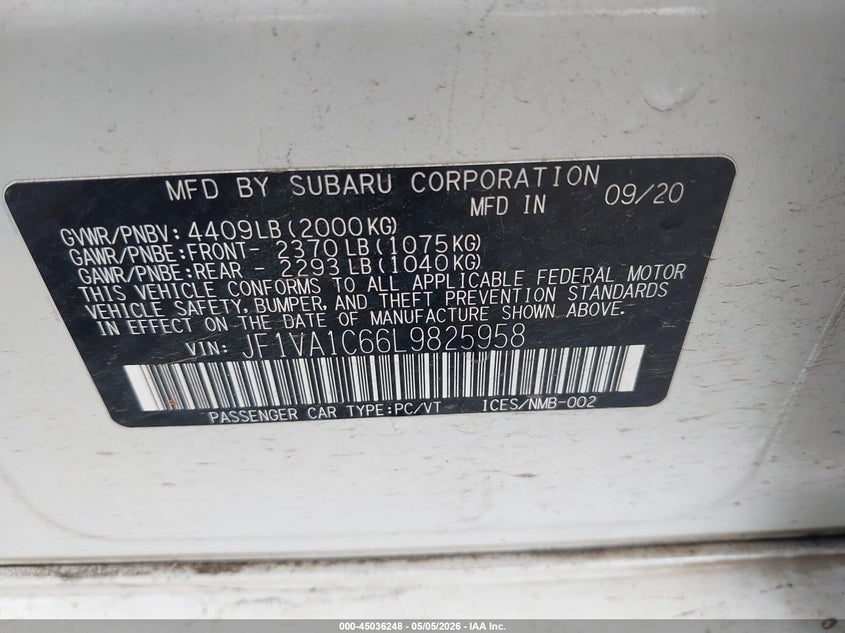 2020 Subaru Wrx VIN JF1VA1C66L9825958 IAAI salvage auction — RIGHT FRONT, Salvage (Oregon), sold $9,500 on 2026-08-13 (photo 9)