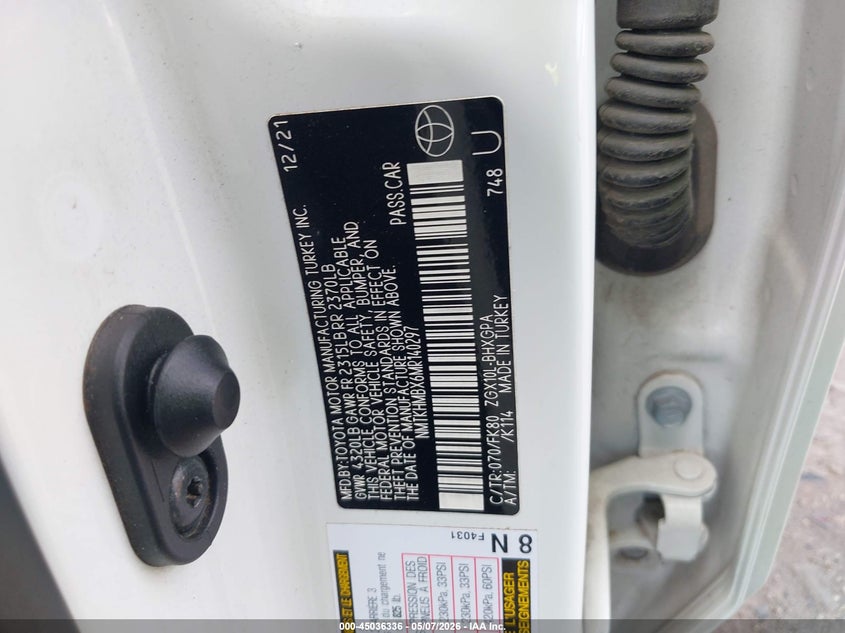 2021 Toyota C-hr VIN NMTKHMBX6MR140297 IAAI salvage auction — RIGHT SIDE, Original (Texas), sold $8,150 on 2026-07-15 (photo 9)