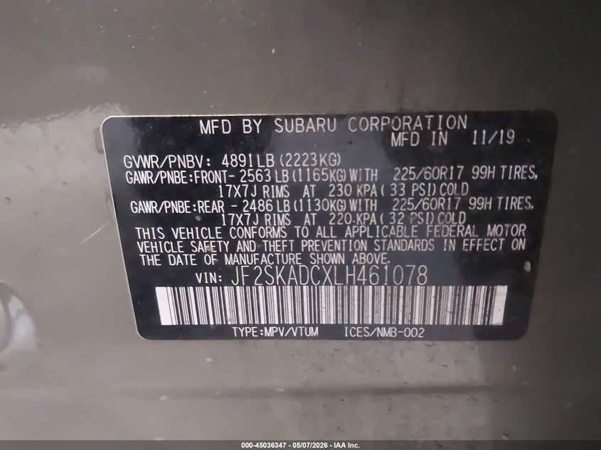 2020 Subaru Forester VIN JF2SKADCXLH461078 IAAI salvage auction — REAR END, Salvage (North Carolina), sold $5,450 on 2026-07-16 (photo 9)