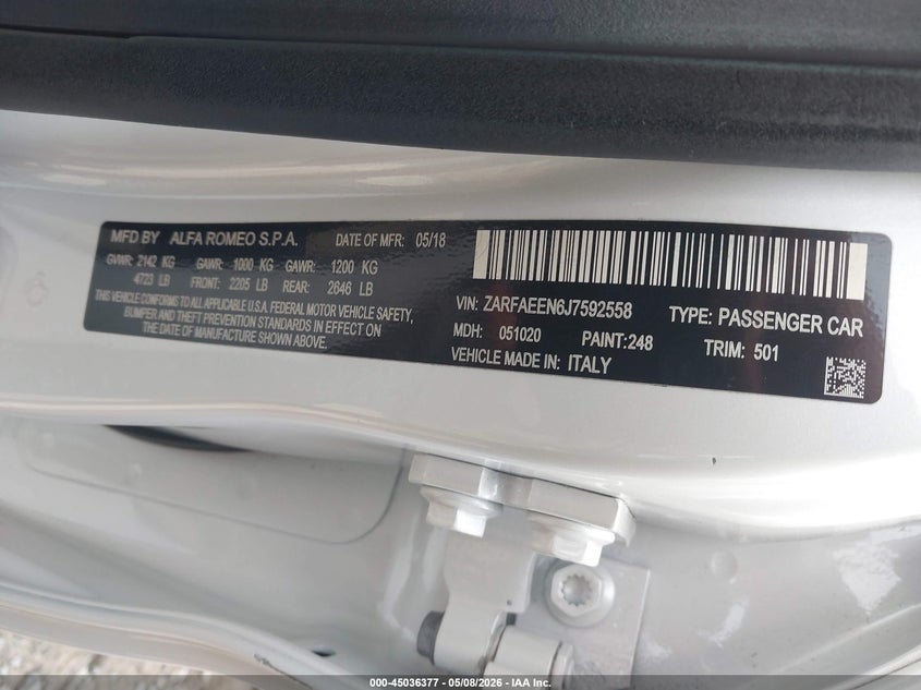 2018 Alfa romeo Giulia VIN ZARFAEEN6J7592558 IAAI salvage auction — FRONT END, Salvage (South Carolina), sold $1,850 on 2026-07-07 (photo 9)