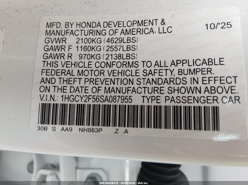 2025 Honda Accord VIN 1HGCY2F56SA087955 IAAI salvage auction — FRONT END, Salvage (Mississippi), sold $8,100 on 2026-07-29 (photo 9)