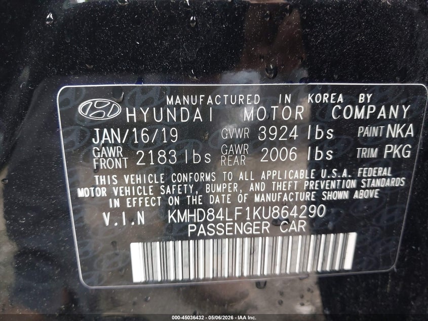 2019 Hyundai Elantra VIN KMHD84LF1KU864290 IAAI salvage auction — FRONT END, Original (Texas), sold $3,800 on 2026-07-21 (photo 9)